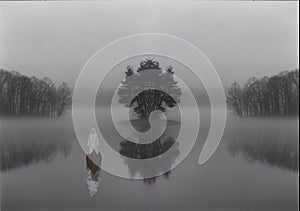 Pilgrim on forest lake