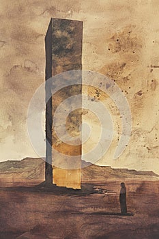 Pilgrim\'s echo bouncing off a towering monolith in a barren landscape, dusk, wide lens, solemn and introspective,