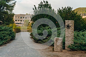 pilgrim's sign on the stone on the road to santiago