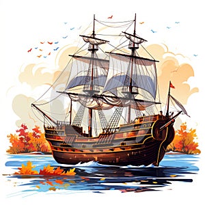 Pilgrim ship. Mayflower. Thanks giving day. Illustration. AI Generated