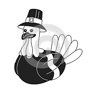 Pilgrim turkey mascot black and white 2D cartoon character