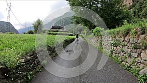 A pilgrim walking a country road approaching Hone town