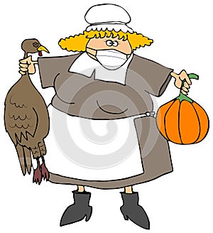 Pilgrim woman holding up a turkey and pumpkin while wearing a face mask