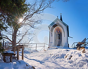 pilgrimage chapel at Riederstein mountain, winter landscape upper bavaria