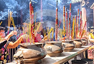 Pilgrims copper incense burner temple in spring