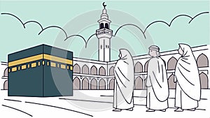 Pilgrims at Kaaba, depicting Hajj ritual and sacred Islamic pilgrimage vector design Generative AI photo