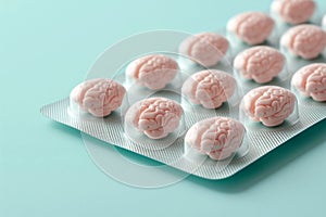Pill blister with human brains. Medicines for brain health, mental health concept.Improving brain function, memory, concentration
