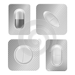 Pill blister pack. Realistic medical tablet individually packed, vitamin capsule in plastic container front view