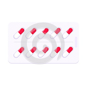 Pill blister with red white capsules flat style design vector illustration.