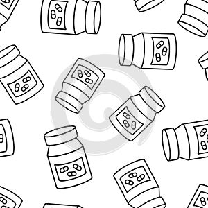 Pill bottle icon in flat style. Drugs vector illustration on white isolated background. Pharmacy seamless pattern business concept