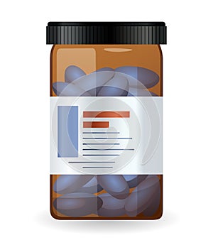 Pill bottle label and pills inside. Medical jar for pills, drugs, tablets, capsules or vitamins. Pharmaceutic container