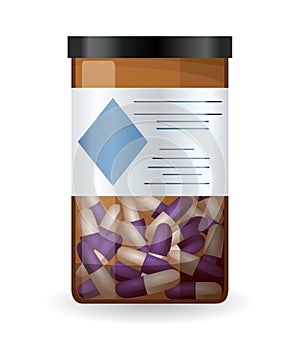 Pill bottle label and pills inside. Medical jar for pills, drugs, tablets, capsules or vitamins. Pharmaceutic container