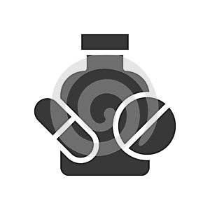 Pill with bottle, medical related solid icon