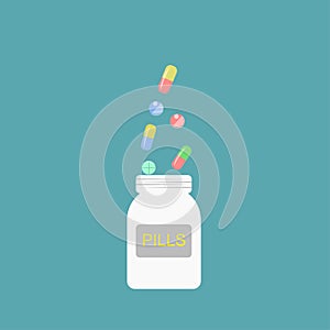 Pill bottle with pills and tablets, medicine. Healthcare. Medical vector illustration