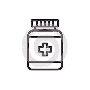 Pill bottle. Vector black icon. photo