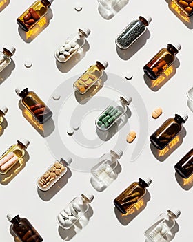 Pill bottles on white, emphasizing health and medication management with clarity , mid body shot