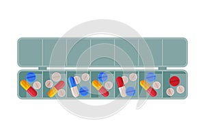 Daily Pill Box Organizer, Pills and Capsules in Plastic Container Flat Style Vector Illustration on White Background