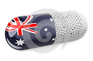 Pill capsule with Australian flag. Healthcare in Australia concept. 3D rendering