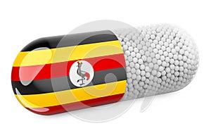 Pill capsule with Ugandan flag. Healthcare in Uganda concept. 3D rendering