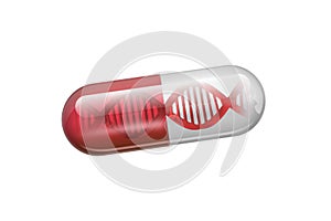 A pill in the form of a capsule of red color, inside a DNA spiral, isolated on a white background. The concept of medicine,