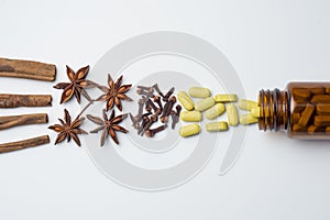 pill herbal tablets, dried herbs, greenish yellow pills on white backgroundâ€¨