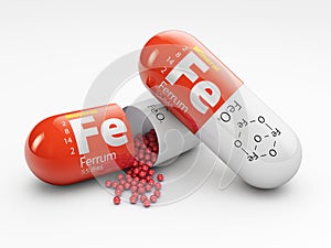 Pill with iron FE element. Dietary supplements. 3d illustration