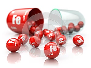 Pill with iron FE element. Dietary supplements. Vitamin capsule