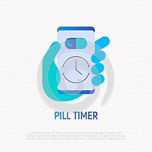 Pill timer, health mobile app: hand holds smartphone, showing time for drug on screen. Flat gradient icon. Modern vector