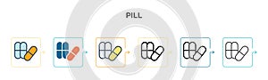 Pill vector icon in 6 different modern styles. Black, two colored pill icons designed in filled, outline, line and stroke style.