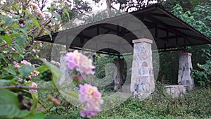 Pillar based canopy shelters in an outdoor park. Dehradun, India