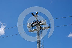 Pillar column support of the funicular over the mountains, cable car on blue sky background