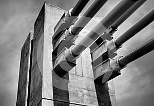 Pillar, construction technology, bridge structure, view from the bottom, iron and concrete, interesting view, black and white phot