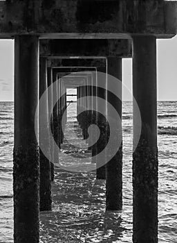 pillar of fishing jetty in black and white