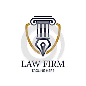 Pillar, fountain pen and shield shaped logo for law firms. Law logo for justice, lawyer, law firm company or person. Vector EPS 10