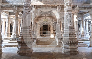 Pillar marble stone carving inside Jain Ranakpur Temple, Udaipur, Rajasthan, India