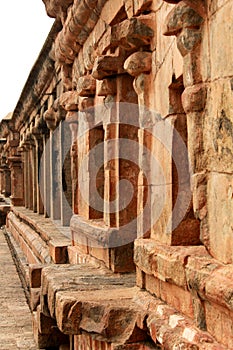 A pillar row of the ornamental surrounded hall in the ancient Brihadisvara Temple in Thanjavur, india.