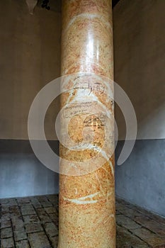 A pillar with a saint painted on it stands in the Church of Nativity in Bethlehem in the Palestinian Authority, Israel