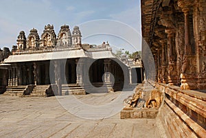 Pillared cloisters or prakara and the Ranga Mandapa, Virupaksha Temple, Hampi, karnataka. Sacred Center. View from the east.