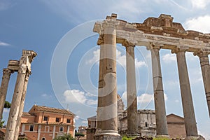 Pillars of the ancient Saturn Temple and Temple of Vespasian. Rome