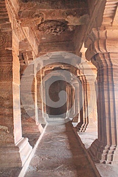 The pillars of Badami Cave temples, India