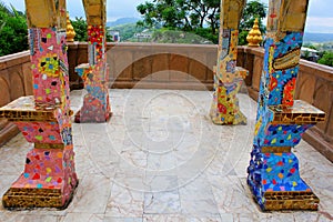 Pillars, floors, facades, walls decorated with colorful mosaic design throughout the building at Pha Sorn Kaew, Khao Kor,