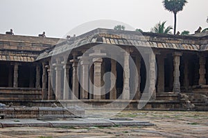 The pillars of the hall in Airavatesvara Temple located in Darasuram town in Kumbakonam, India. Focus set of the foregroud floor
