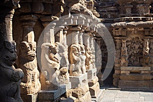 The pillars of the Kailasanathar Temple also referred to as the Kailasanatha temple, Kanchipuram, Tamil Nadu, India. It is a