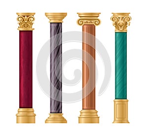 Pillars vector illustration set, cartoon flat classic marble columns with gold pillar decorations, in different styles