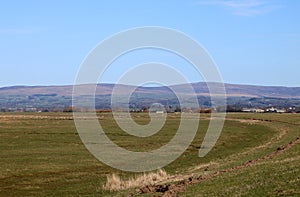 Pilling marsh, sea wall and view to Bowland Fells