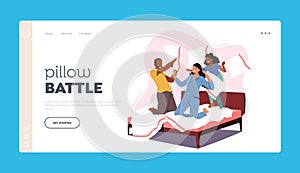 Pillow Battle Landing Page Template. Family Characters Fight on Pillows. Happy Young Parents with Child Jumping on Bed
