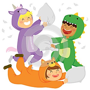 Pillow fight in animal onesies