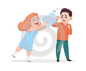 Pillow fight. Cheerful girl beats displeased boy. Aggression, bad manners and evil games. Child misbehavior, preschool