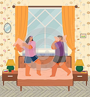 Pillow Fight of Couple in Bedroom, Man and Woman