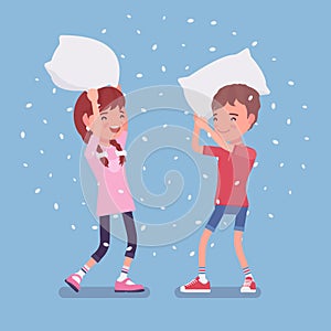 Pillow fight game, kids enjoy free time at home